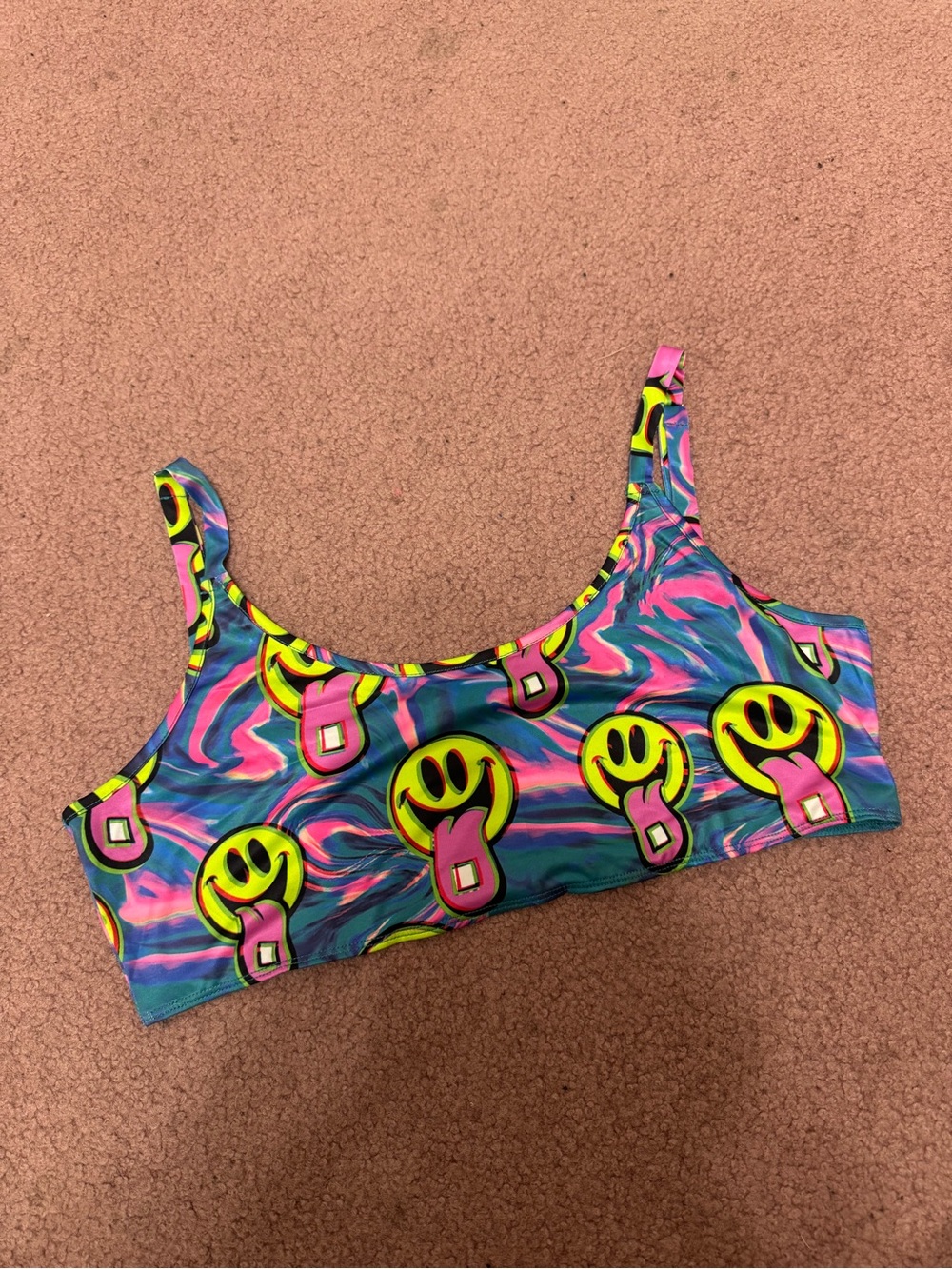 New 1x neon smiley face crop top tank shirt rave festival raver happy hardcore